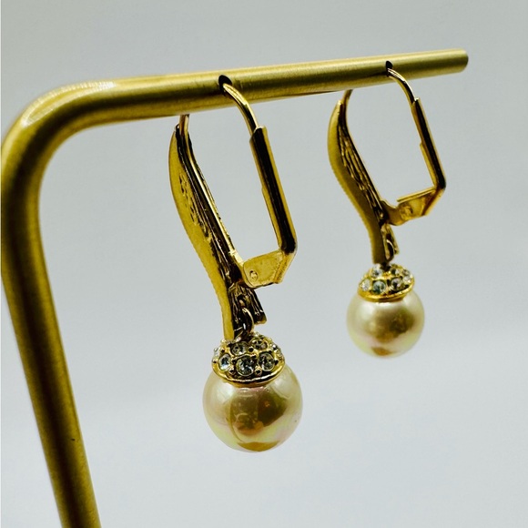 Gold tone crystal embellished faux pearl drop leverback earrings. - Picture 4 of 4